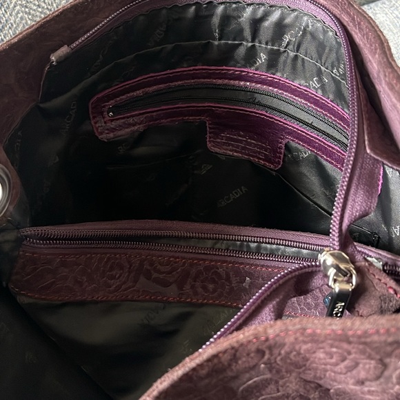 Arcadia Purple leather/suede Floral Embossed Handbag. - Picture 11 of 16